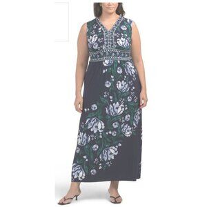 London Times Womens Navy Blue Floral Print Sleeveless Maxi Dress Plus Sz 18W New